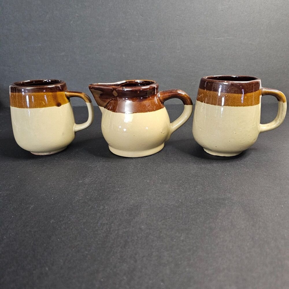 Glazed Stoneware Coffee Cups and Creamer, Vintage Brown Diner Style Taiwan